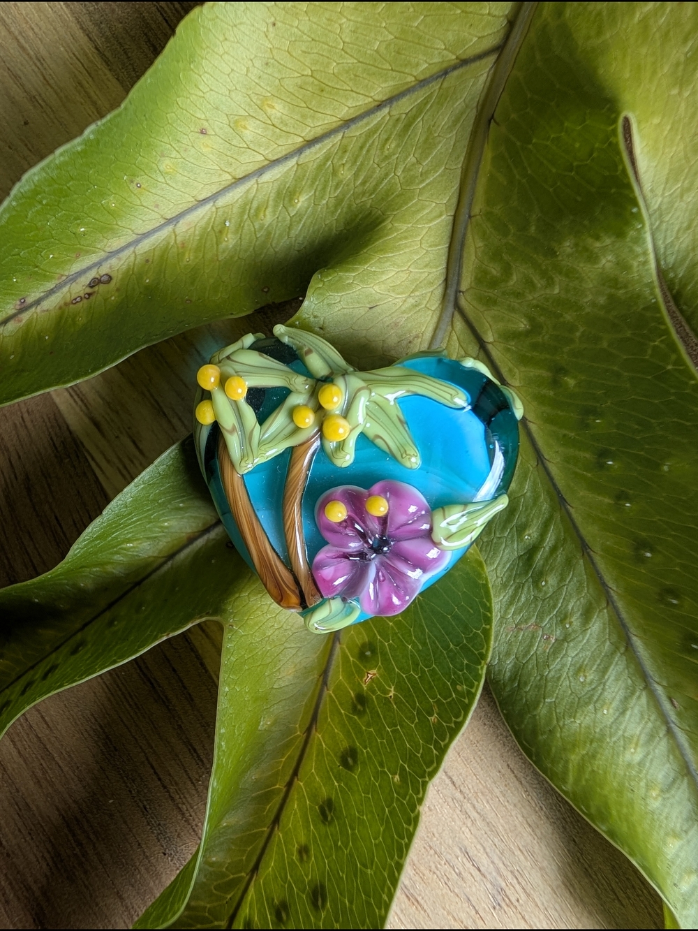 Tropical Lampwork Focal bead with Palm Trees And Hibiscus - Turquoise & Pink